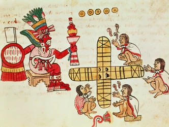 Patoli-Spiel und der Gott Xochipilli, aus dem Codex Magliabechiano