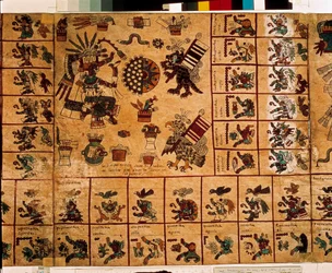 Darstellung aztekischer Gottheiten und der dem Kalender entsprechenden Felder. Seite des aztekischen Manuskripts auf Baumrinde „Codex Borbonicus“, präkolumbischer indigener Kodex aus Zentralmexiko, spätes 15. Jahrhundert. Bibliothek der