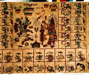 Darstellung aztekischer Gottheiten und Kästchen des Kalenders. Seite des aztekischen Manuskripts auf Rinde 