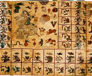 Darstellung aztekischer Gottheiten und Kalenderkästchen. Seite des aztekischen Manuskripts auf Rindenpapier „Codex Borbonicus“, präkolumbianischer indigener Kodex aus Zentralmexiko, Ende des 15. Jahrhunderts. Bibliothek der Nationalversammlung (Palais Bour