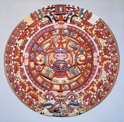 Präkolumbische Zivilisation: der aztekische Kalender (Stein der Sonne): Scheibe mit einer Darstellung des aztekischen Kalenders und der Kosmogonie (Tonalpohualli)