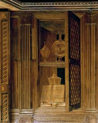 Intarsienverkleidung, die einen Schrank mit Gittertür darstellt, im Arbeitszimmer von Federigo da Montefeltro, Herzog von Urbino