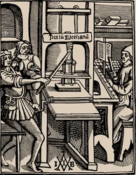 Prelum Ascensianum: Druckerzeichen mit der Druckerpresse in Betrieb, 1508