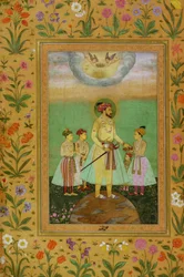 Shah Jahan (1592-1666) steht auf einem großen Globus, umgeben von seinen vier Kindern, aus dem Minto-Album