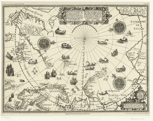 Karte der Länder um den Polarkreis mit den drei Reisen der Niederländer im Jahr 1598