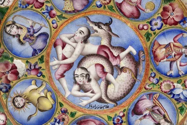 Gedeckter Schüssel, Untertasse und Löffel mit astrologischer Dekoration, frühes 19. Jahrhundert