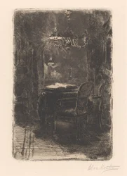 Interieur mit Spiegel und Tisch mit aufgeschlagenem Buch