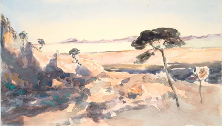 Landschaft: Baum mit rosa Bergen