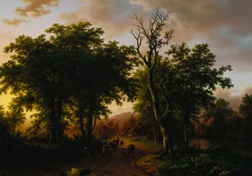 Reisende auf einem Pfad bei Sonnenuntergang