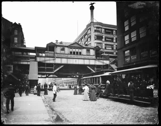 Hochbahnstation an der State und Van Buren Straße, Chicago, Illinois, USA, ca. 1905