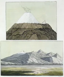 Gipfel des Cotopaxi (oben) und der Ausbruch des Cotopaxi, 1803 (unten), aus „Le Costume Ancien et Moderne“, Band I, von Jules Ferrario, veröffentlicht um 1820er-30er Jahre