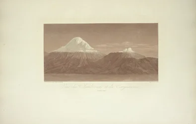 Ansicht von Chimborazo und Carguairazo, gezeichnet von Gmelin, graviert von Arnold, Illustration aus "Vues des Cordillères et Monumens des Peuples Indigènes de l