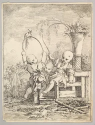 Chinesische Kinder spielen mit einem Papagei, 1760-70