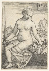 Judith, sitzende Nackte mit einem Schwert in der rechten Hand, blickt auf den Kopf von Holofernes, 1523