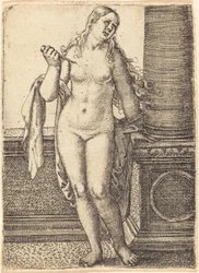 Lucretia steht an einer Säule