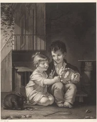 Zwei Kinder mit Kaninchen