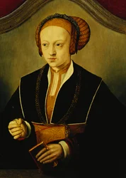 Halbporträt einer Dame, bei der es sich um Prinzessin Sibylle von Kleve handeln soll, in einem schwarzen Kostüm mit Goldkette und aufwendiger Kopfbedeckung, ein Buch und eine Rosenknospe haltend
