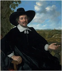 Porträt von Gabriel Marselis, dreiviertellang, sitzend, vor einer Balustrade, mit einer Landschaft und einem entfernten Blick auf Haarlem im Hintergrund