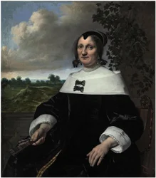 Porträt einer Dame, wahrscheinlich Hester du Pire, sitzend vor einer Balustrade, einen Fächer haltend, mit Blick auf das Meer im Hintergrund