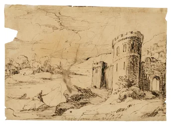 Flusslandschaft mit einem Fischer in der Nähe eines Schlosses