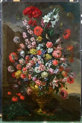 Lilien, Tulpen, Nelken, Pfingstrosen, Winden und andere Blumen in einer bronzenen Urne mit Vögeln, einer Schildkröte und Schmetterlingen in einer Landschaft, 1718