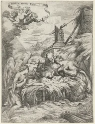 Anbetung durch Maria, Josef und Engel