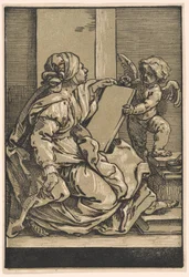 Sibylle hält eine Tafel mit einem geflügelten Putto