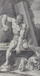Tafel 7: der geblendete Polyphem, der den Eingang seiner Höhle bewacht, mit Odysseus und seinen Gefährten