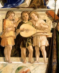 Madonna und Kind auf dem Thron mit den Heiligen Johannes dem Täufer, Bartholomäus und Sebastian, von Bartolomeo Cincani genannt Il Montagna, Detail