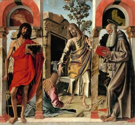 Auferstandener Christus mit Maria Magdalena und den Heiligen Johannes der Täufer und Hieronymus, ca. 1492