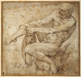 Nackter Mann, der an seinen Beinkleidern zieht, nach Marcantonio Raimondi und Michelangelo Buonarroti
