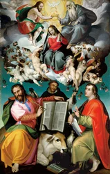 Die Krönung der Jungfrau Maria mit den Heiligen Lukas, Dominikus und Johannes dem Evangelisten