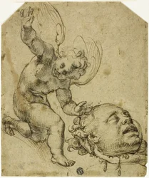 Zwei Skizzen: Kniender Putto, der einen Kopf hält (recto) Details eines nackten männlichen Kindes (verso)