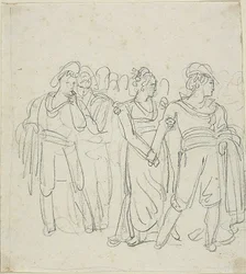 Brigandenchef von einer Frau zurückgehalten (recto); Skizze von zwei Figuren in einer Landschaft (verso)