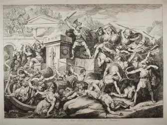 Horatius Cocles drängt allein auf dem Pons Sublicius das Heer des Lars Porsenna zurück