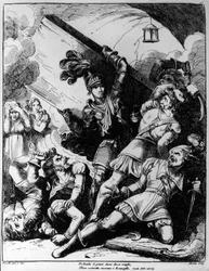 Orlando wirft ein Holzbrett gegen zwanzig bewaffnete Männer, Illustration für den XIII. Gesang von Orlando Furioso von Ludovico Ariosto (1474-1533)