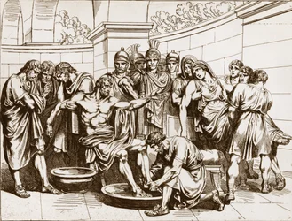 Dem römischen Philosophen Seneca (Lucius Annaeus Seneca, 4 v. Chr.-65 n. Chr.), der beschuldigt wurde, an einer Verschwörung gegen Kaiser Nero beteiligt gewesen zu sein, wurde befohlen, Selbstmord zu begehen - Stich von Bartolomeo Pinelli - Der Tod