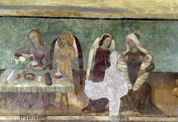 Allegorische Szene, Detail aus dem Zyklus, der den Zug der Laster und Tugenden darstellt, ca. 1490, von Bartolomeo Serra und Sebastiano Serra, Fresko, St. Stephanskapelle, Giaglione, Piemont, Italien