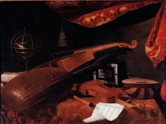 Stillleben mit Musikinstrumenten (Violine, Laute und Spinett und Armillarsphäre) - Gemälde von Bartolomeo Bettera, ca. 1660