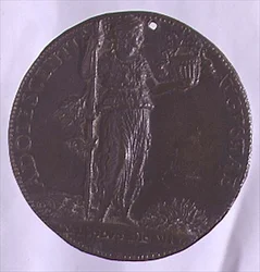Porträtmedaille mit einer weiblichen Figur, die einen Stab hält (Bronze)