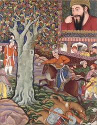 Mahlaj zeigt seine Fertigkeit Zumurrud Shah und durchbohrt einen Baum (aus dem Hamzanama)