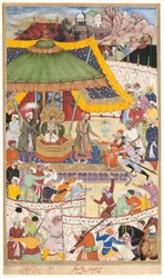 Der junge Kaiser Akbar verhaftet den unverschämten Shah Abul-Maali, Seite aus einem Manuskript des Akbarnama, ca. 1590-95