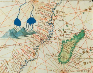 Indischer Ozean und Teile von Asien und Afrika: Quelle des Nils und Madagaskar, aus Atlas der Welt in dreiunddreißig Karten, von Battista Agnese