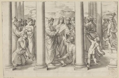 Der heilige Petrus und Johannes heilen einen Gelähmten in einem Tempel