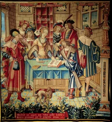 Vorhang mit Darstellung der freien Künste: Arithmetik. Um 1520 in Tournai gefertigter Wandteppich aus Wolle und Seide. Maße 3,1 x 2,9 m. Paris, Nationalmuseum des Mittelalters, Thermen von Cluny