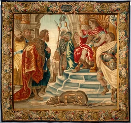 König Alexander der Große empfängt eine Delegation aus Athen. Wandteppich hergestellt in den Manufakturen von Brüssel. 16. Jahrhundert Genua, Musei di Strada Nuova