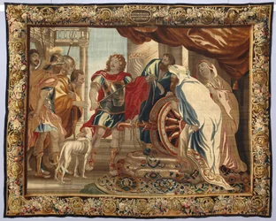 König Alexander der Große durchtrennt den Gordischen Knoten. Wandteppich hergestellt in den Manufakturen von Brüssel. 16. Jahrhundert Genua, Musei di Strada Nuova