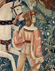 Mittelalter: der Beginn der Falkenjagd zu Pferd. Detail einer Seiden- und Wolltapisserie aus dem frühen 16. Jahrhundert. Aus Hainaut. Paris, Nationalmuseum des Mittelalters, Thermes de Cluny