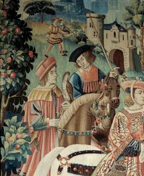 Mittelalter: Aufbruch zur Falkenjagd zu Pferde. Detail eines Seiden- und Wollteppichs vom Beginn des 16. Jahrhunderts. Aus dem Hennegau. Paris, Nationalmuseum des Mittelalters, Thermes de Cluny