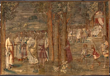 Mose etabliert die Gerechtigkeit. Wandteppich von Dionys Martensz nach den Kartons von Luca Cambiaso (1527-1584) und hergestellt in den Manufakturen von Brüssel 1561-1564 Dim. 392,5x220,5 cm Genua, Musei di Strada Nuova